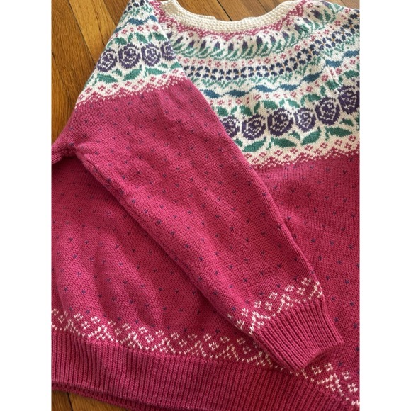 Vintage Northern Isles Women's Pink Fair Isle Floral Knit Yoke Sweater L Nordic - Picture 7 of 14